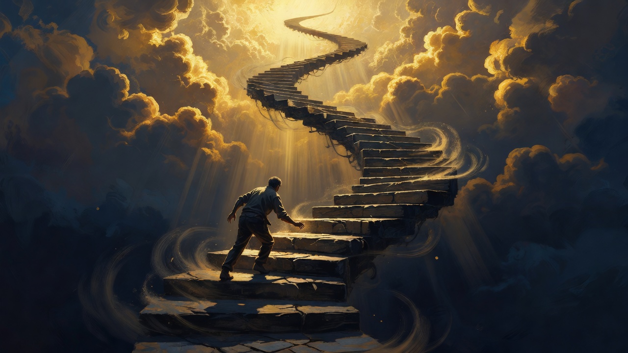 Una figura solitaria subiendo una escalera espiral que se construye hacia nubes doradas