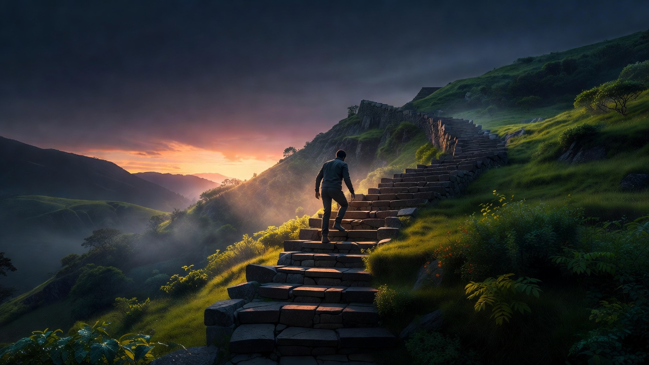 Una sola persona subiendo una larga escalera de piedra tallada en una ladera verde al amanecer