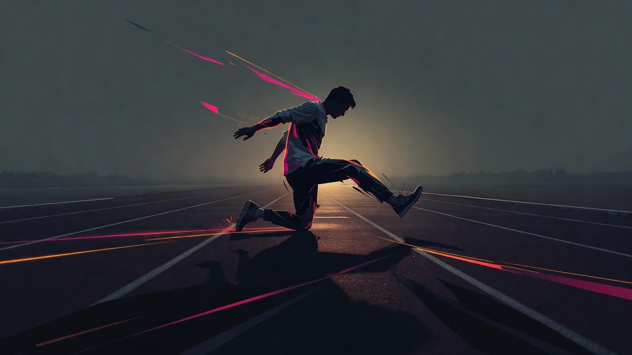 Una persona que se levanta de nuevo tras una caída en una pista de atletismo