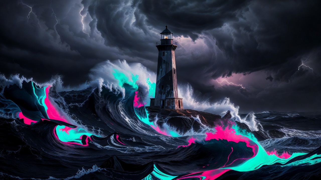 Un faro firme frente a un mar oscuro y encrespado