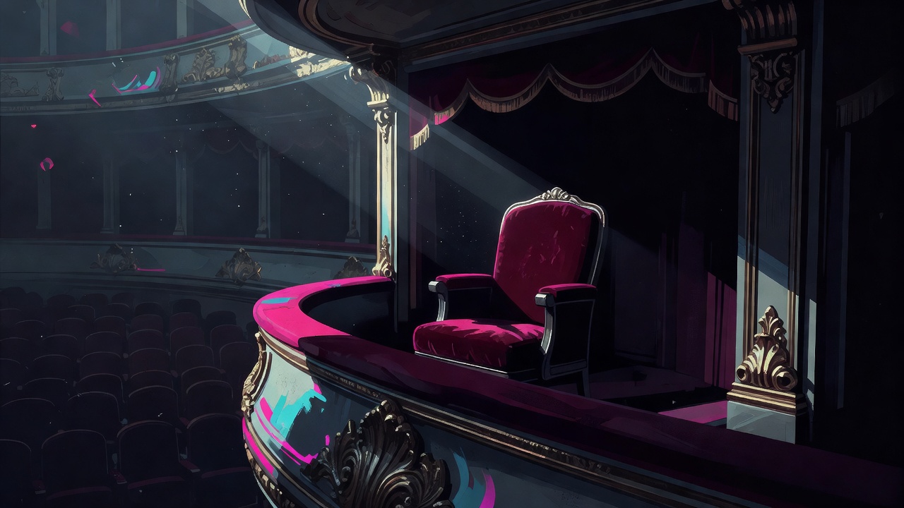 Un único asiento de terciopelo vacío en un palco de teatro ornamentado que da a filas tenues más abajo