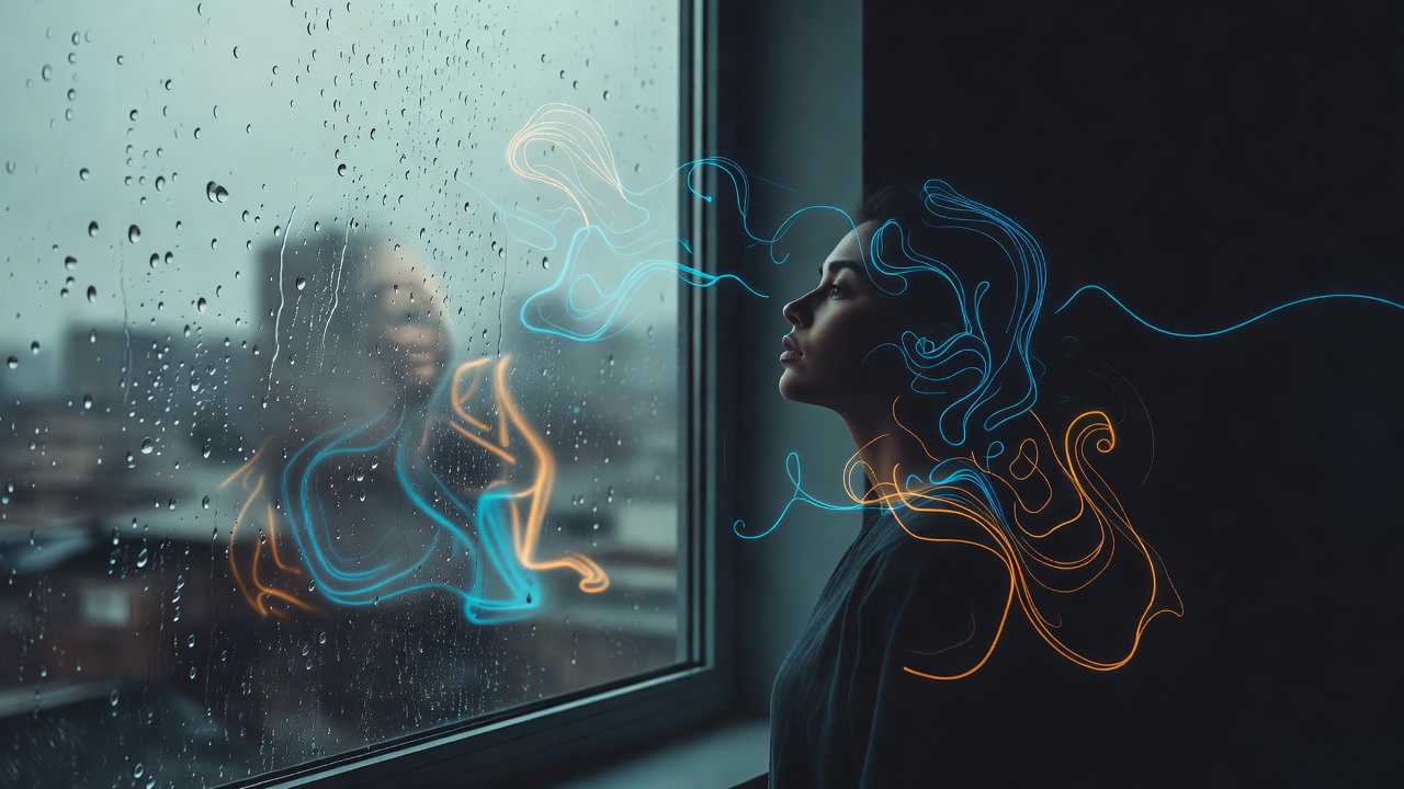 Una persona mirando por una ventana surcada de lluvia mientras formas esbozadas tenuemente se forman en el reflejo