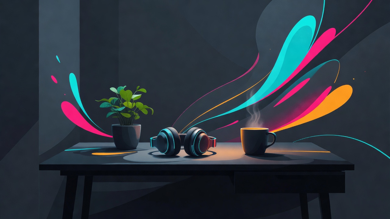 Un escritorio luminoso con una planta, auriculares y una bebida caliente, un trabajo que resulta acogedor