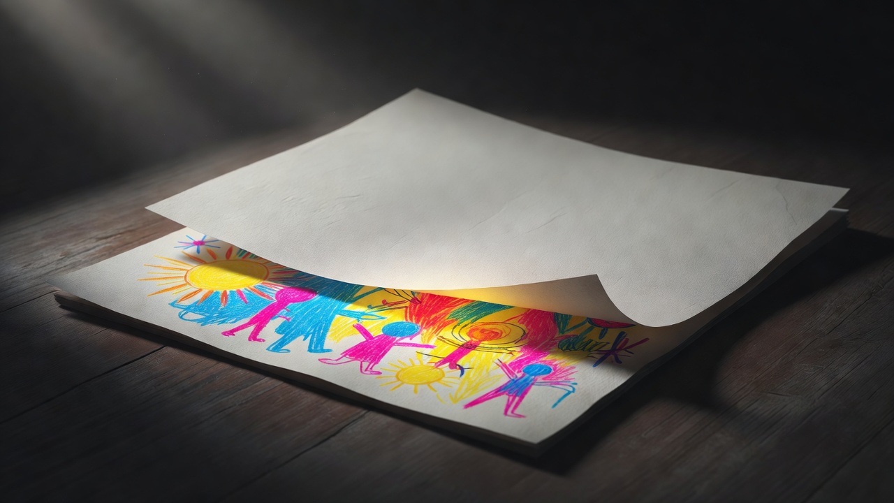 El dibujo de un niño medio oculto bajo una hoja de papel en blanco