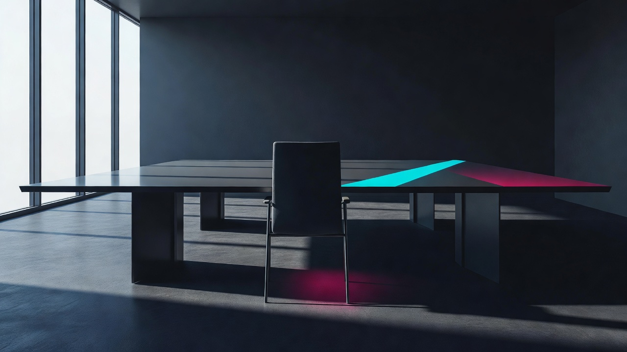Una única silla segura de sí acercada a la cabecera de una mesa de reuniones vacía bajo la luz clara del día