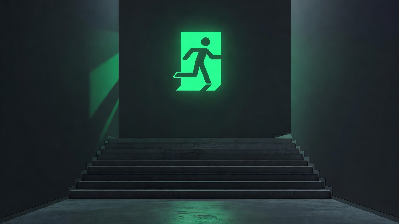 Un cartel de salida iluminado sobre una escalera que alguien claramente ha recorrido antes