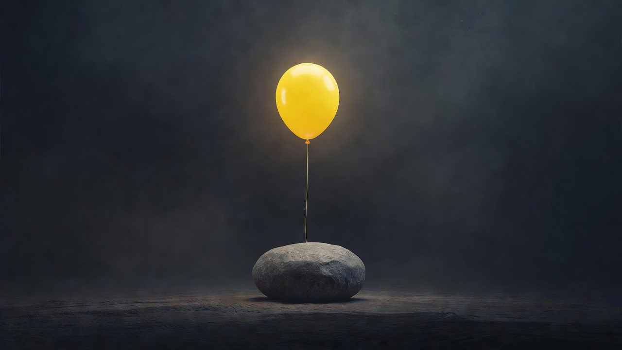 Un globo amarillo brillante atado a una pesada piedra gris