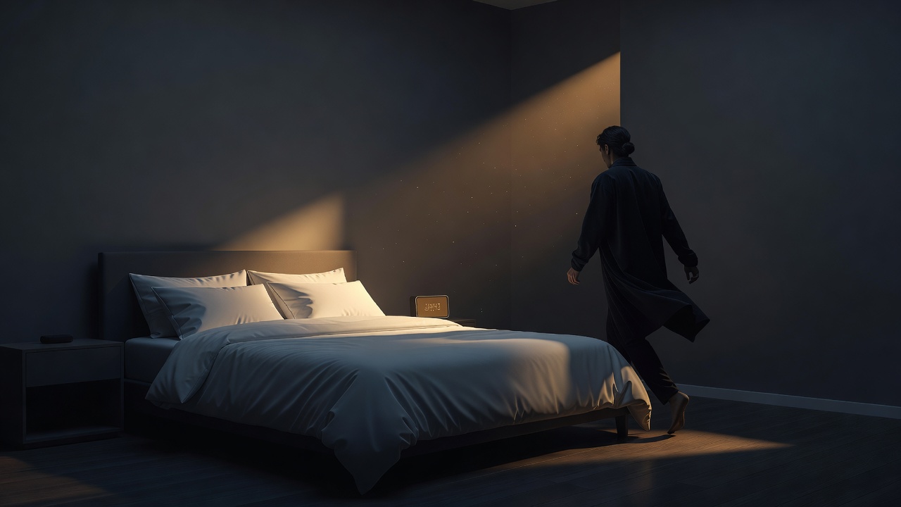 Un despertador al amanecer y una cama hecha, alguien ya levantado y en marcha con luz suave