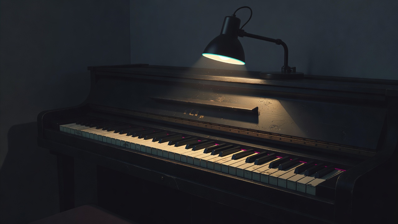 Un solo teclado de piano gastado iluminado por una lámpara enfocada en una habitación oscura de madrugada