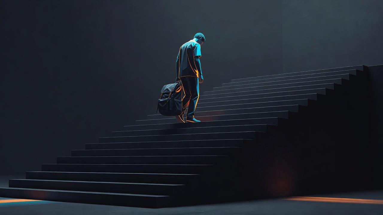 Una persona dejando una mochila pesada en lo alto de una escalera, con los hombros aliviándose