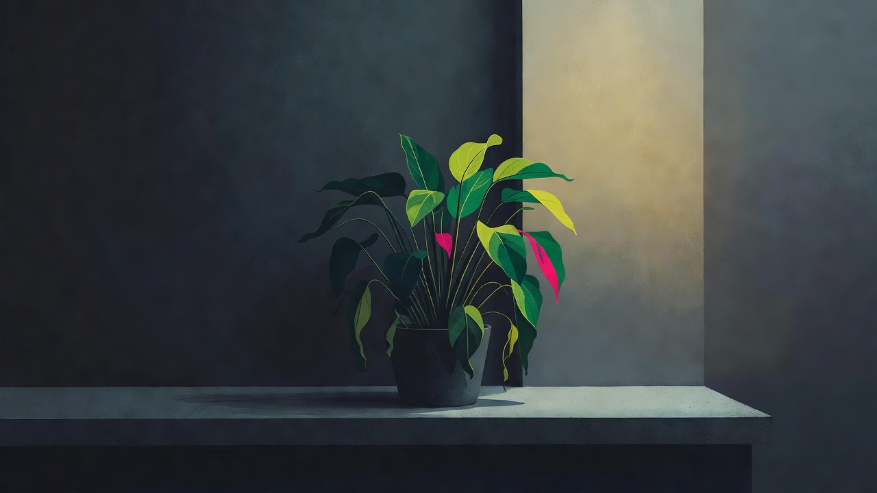 Una sola planta de interior mitad en sombra y mitad captando la luz que regresa en el alféizar de una ventana