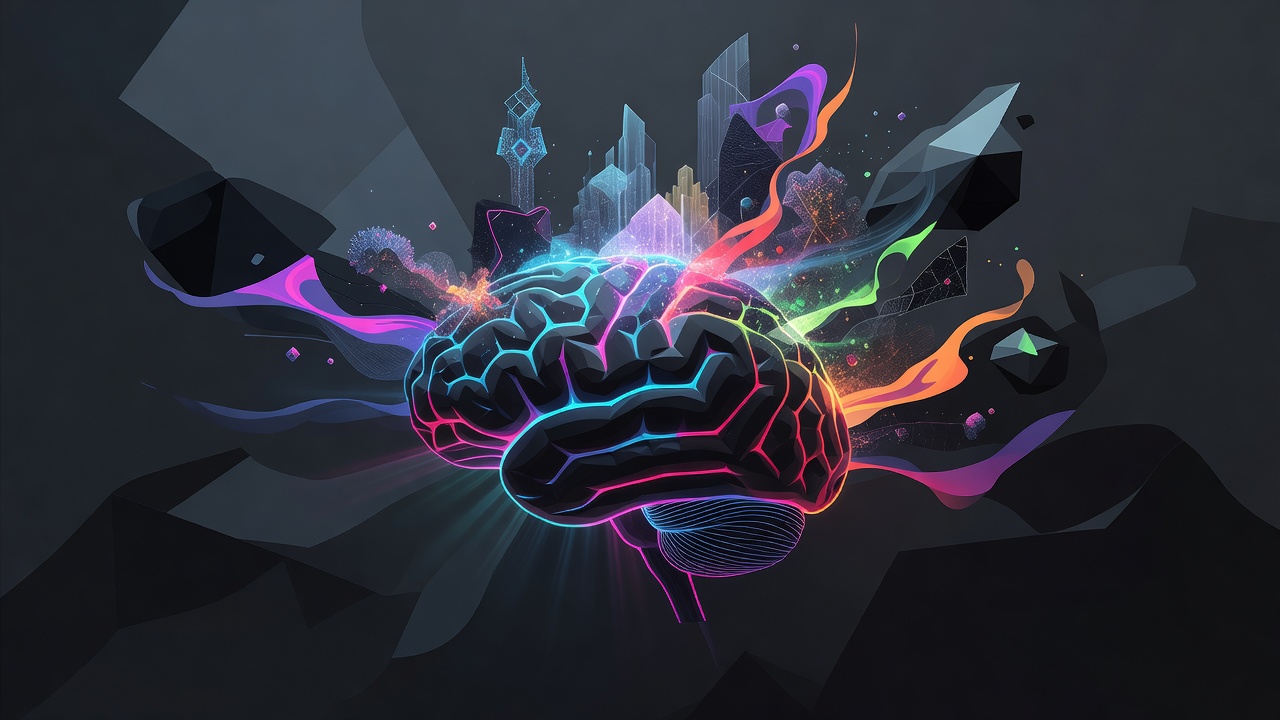 Un cerebro proyectando una escena luminosa hacia afuera como una linterna