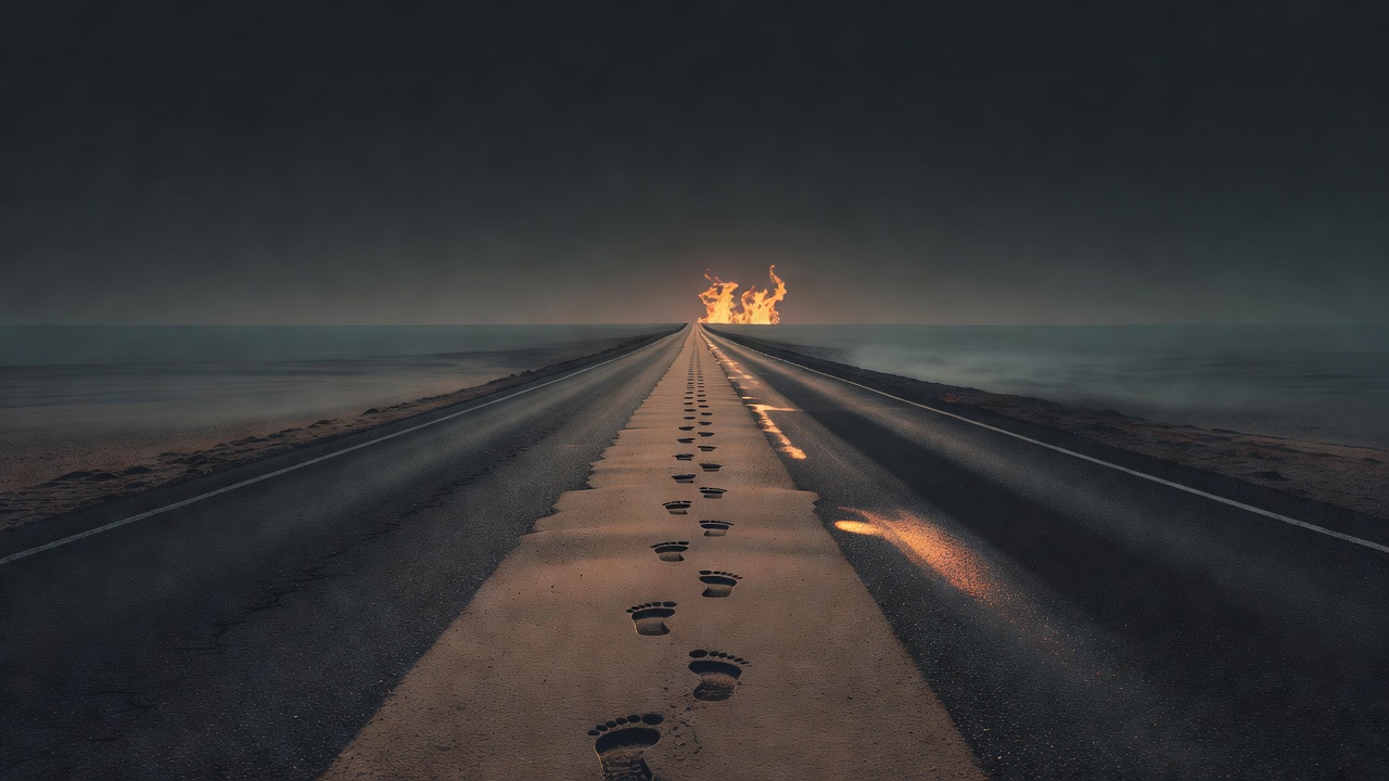 Un único camino largo y recto que se extiende hasta un horizonte lejano al amanecer, con huellas frescas que siguen adelante