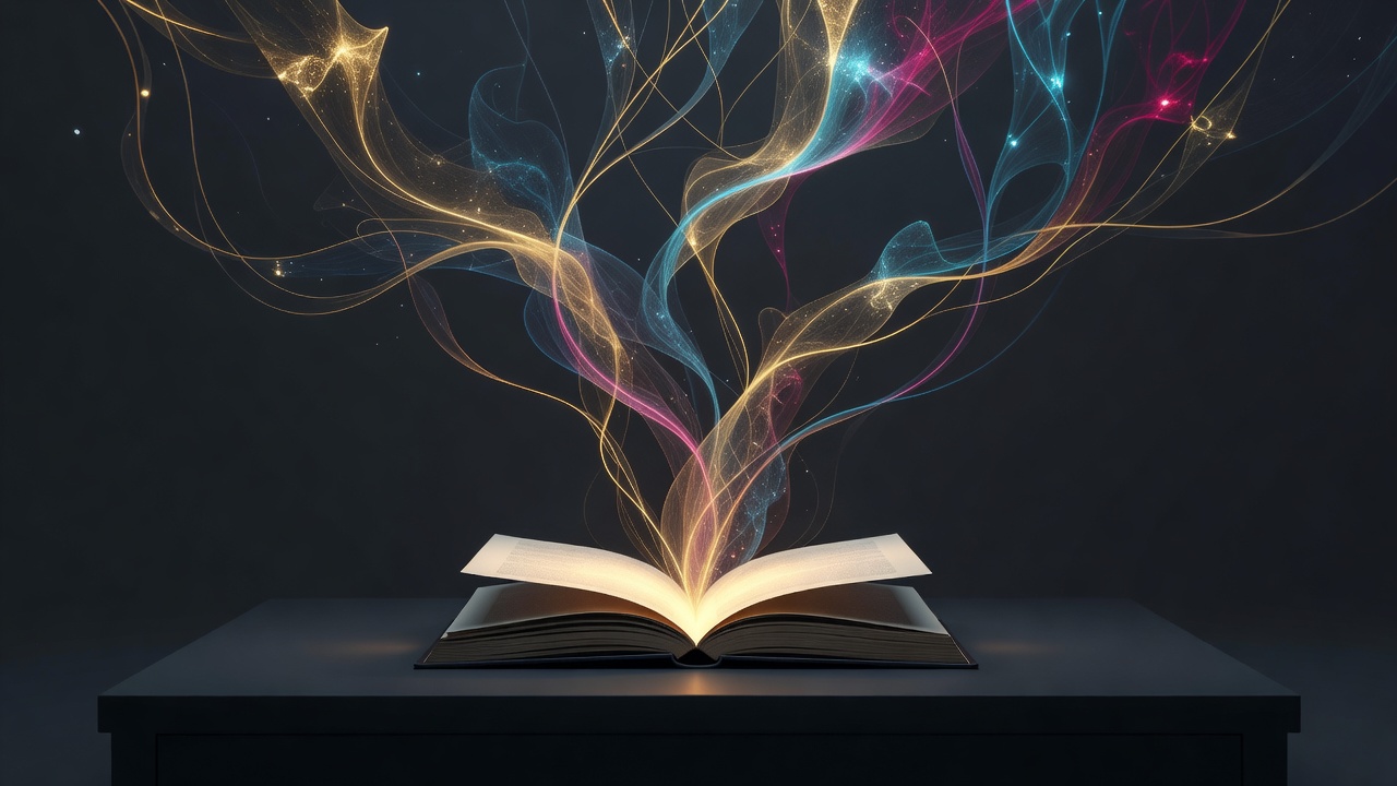 Un libro de cuentos abierto con tenues hilos de luz elevándose de la página hacia ideas ramificadas