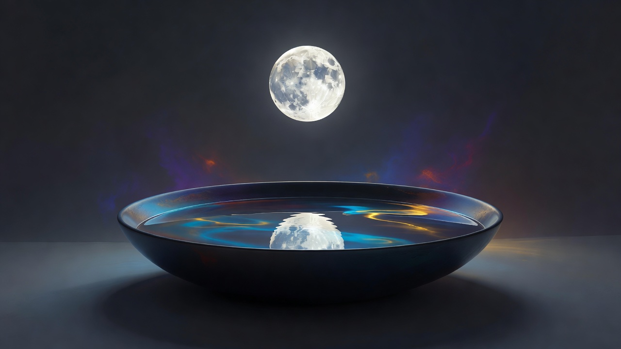 Una luna llena reflejada en un cuenco de agua en calma