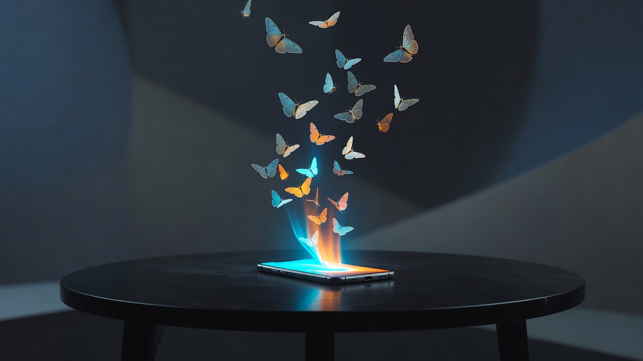 Un único teléfono móvil encendido boca arriba sobre una mesa oscura, proyectando luz hacia arriba