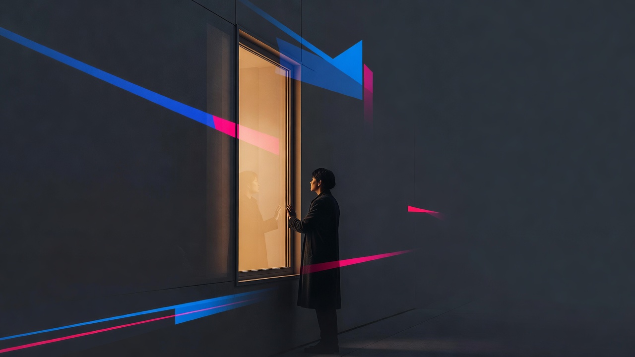 Una persona de pie justo afuera de una ventana cálidamente iluminada, mirando hacia dentro