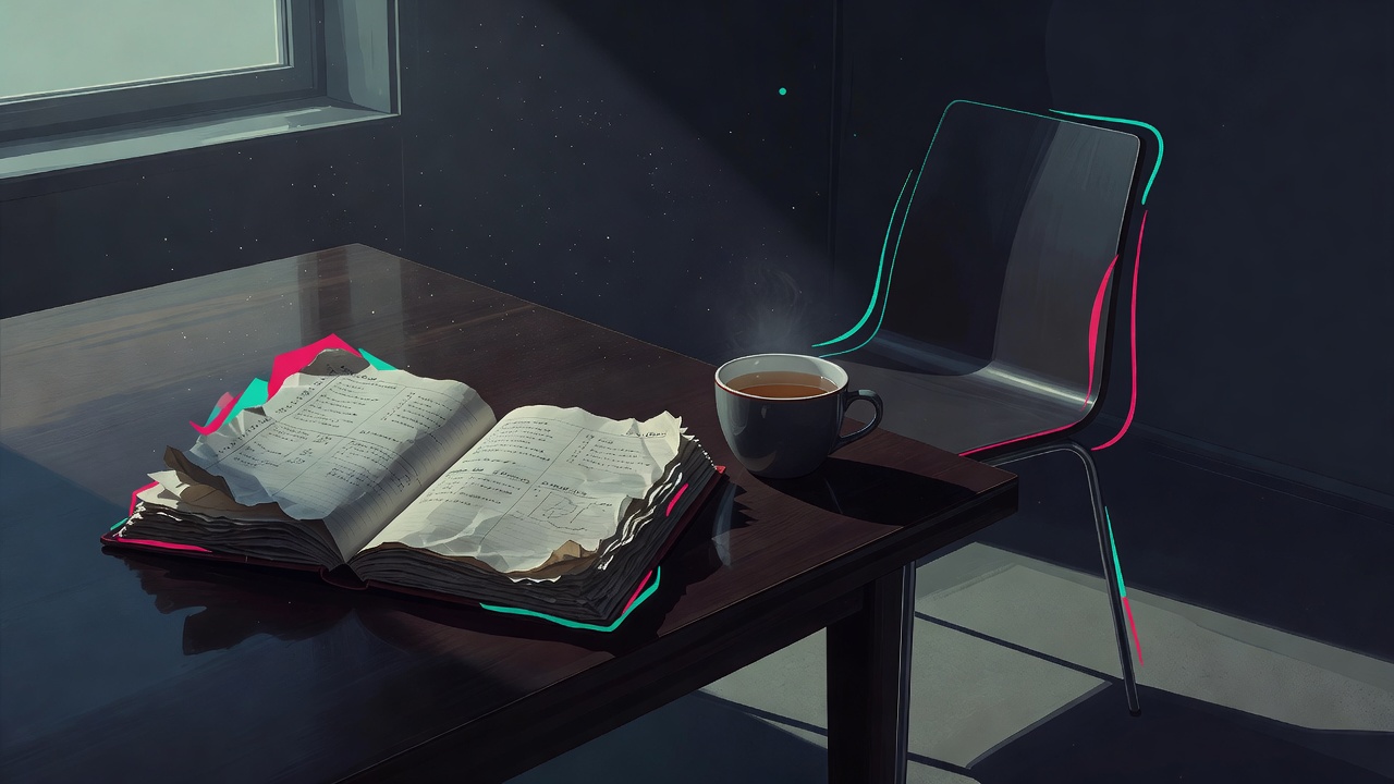 Una agenda repleta abierta sobre una mesa junto a una taza de té que se enfría, con una silla apartada