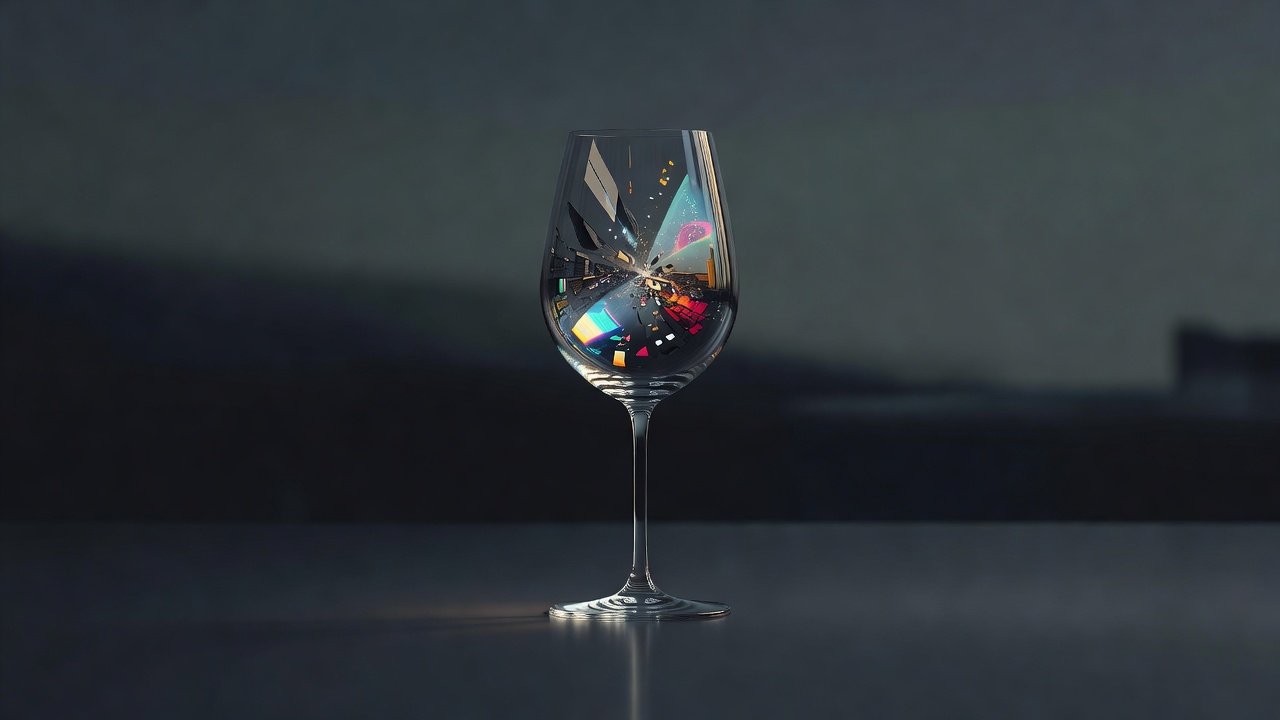 Una única copa de vino cuyo reflejo interior no coincide con la copa