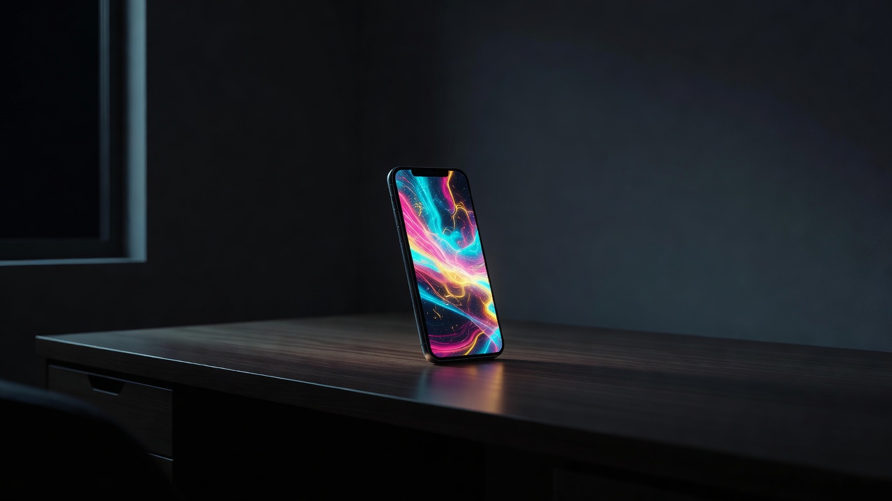 Un teléfono brillando sobre un escritorio en una habitación tenue por la noche