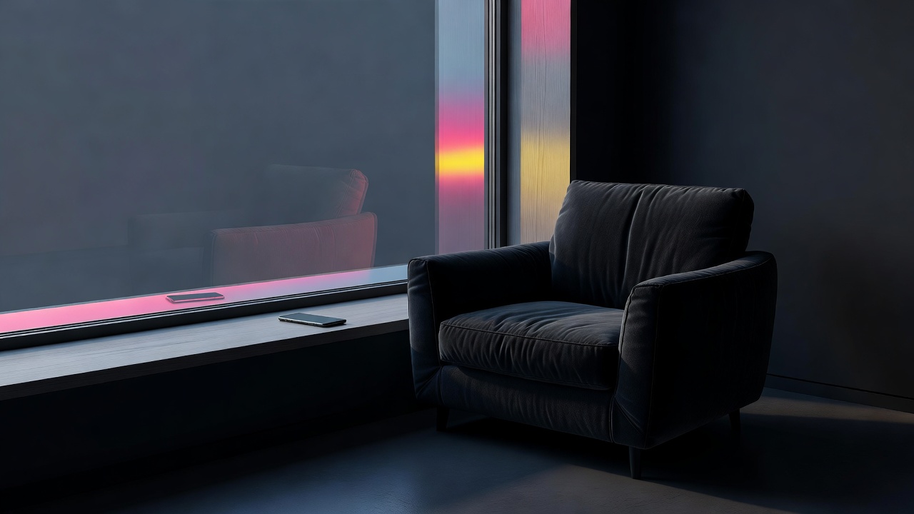 Una silla vacía junto a una ventana al amanecer, un teléfono dejado boca abajo en el alféizar