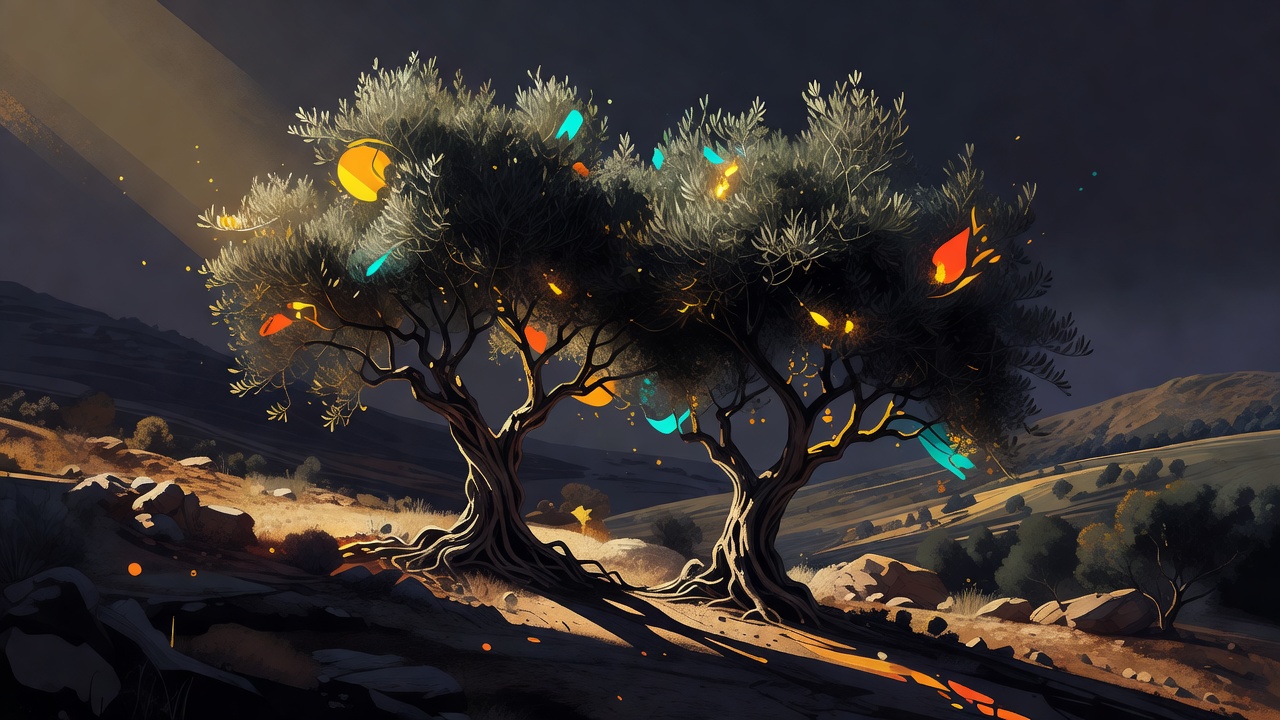Dos olivos creciendo juntos en una ladera iluminada por el sol