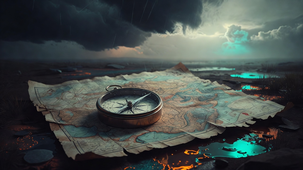 La aguja de una brújula sobre un mapa gastado apuntando hacia un horizonte que se aclara tras la lluvia