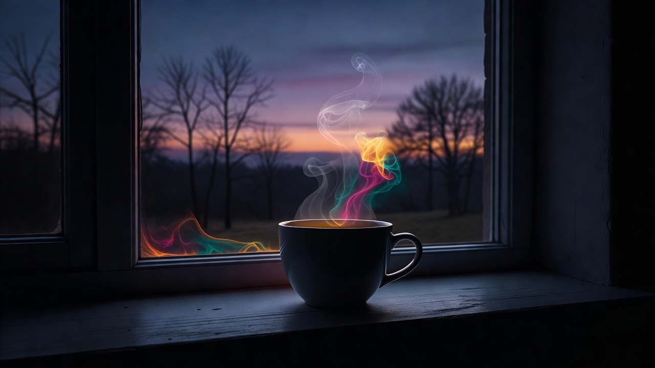 Una sola taza de té en el alféizar de una ventana con una vista tranquila de árboles desnudos al atardecer