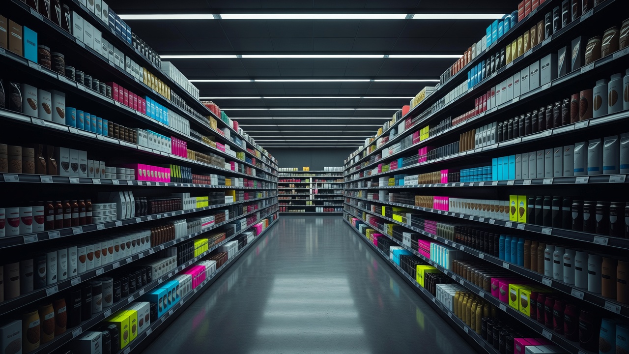 Un largo pasillo de supermercado que se extiende hacia la distancia bordeado de productos idénticos
