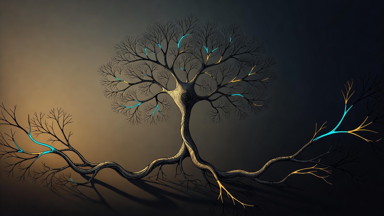 Un elegante dibujo a tinta de una neurona ramificada como un árbol