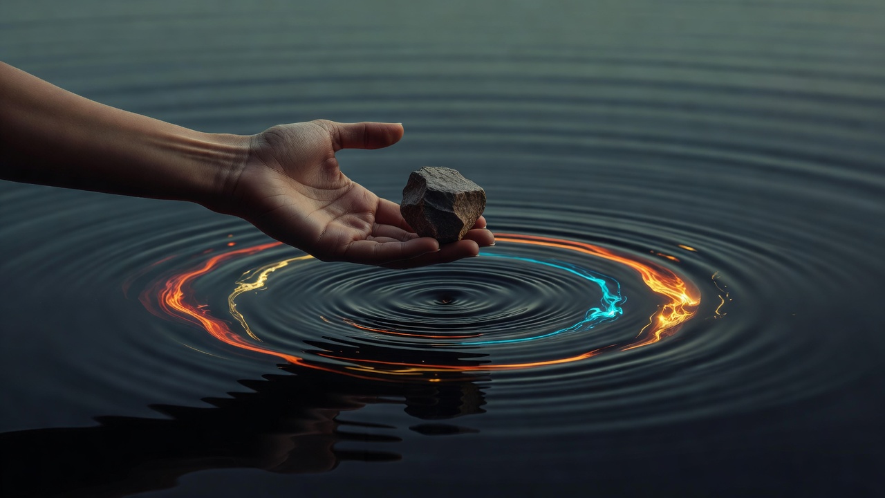 Una mano abierta que suelta una piedra apretada sobre aguas tranquilas, con ondas que se extienden