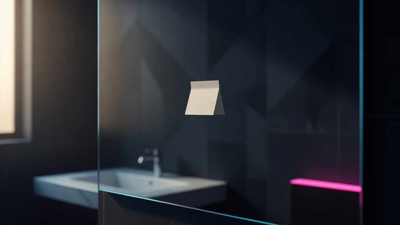 Una sola nota adhesiva en el espejo del baño captando la luz de la mañana