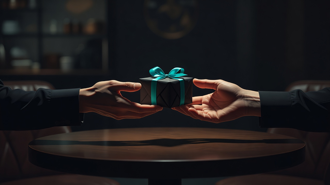 Dos manos abiertas que se pasan un pequeño regalo envuelto sobre la mesa de un café