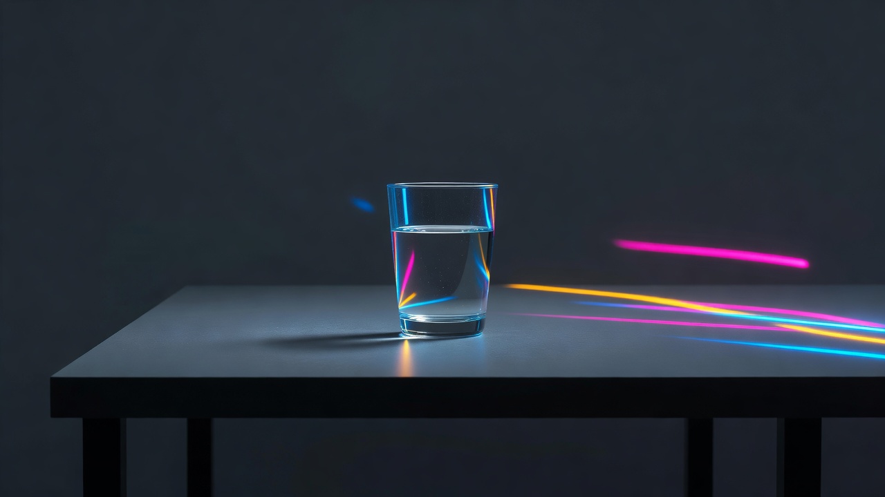 Un simple vaso de agua clara sobre una mesa desnuda
