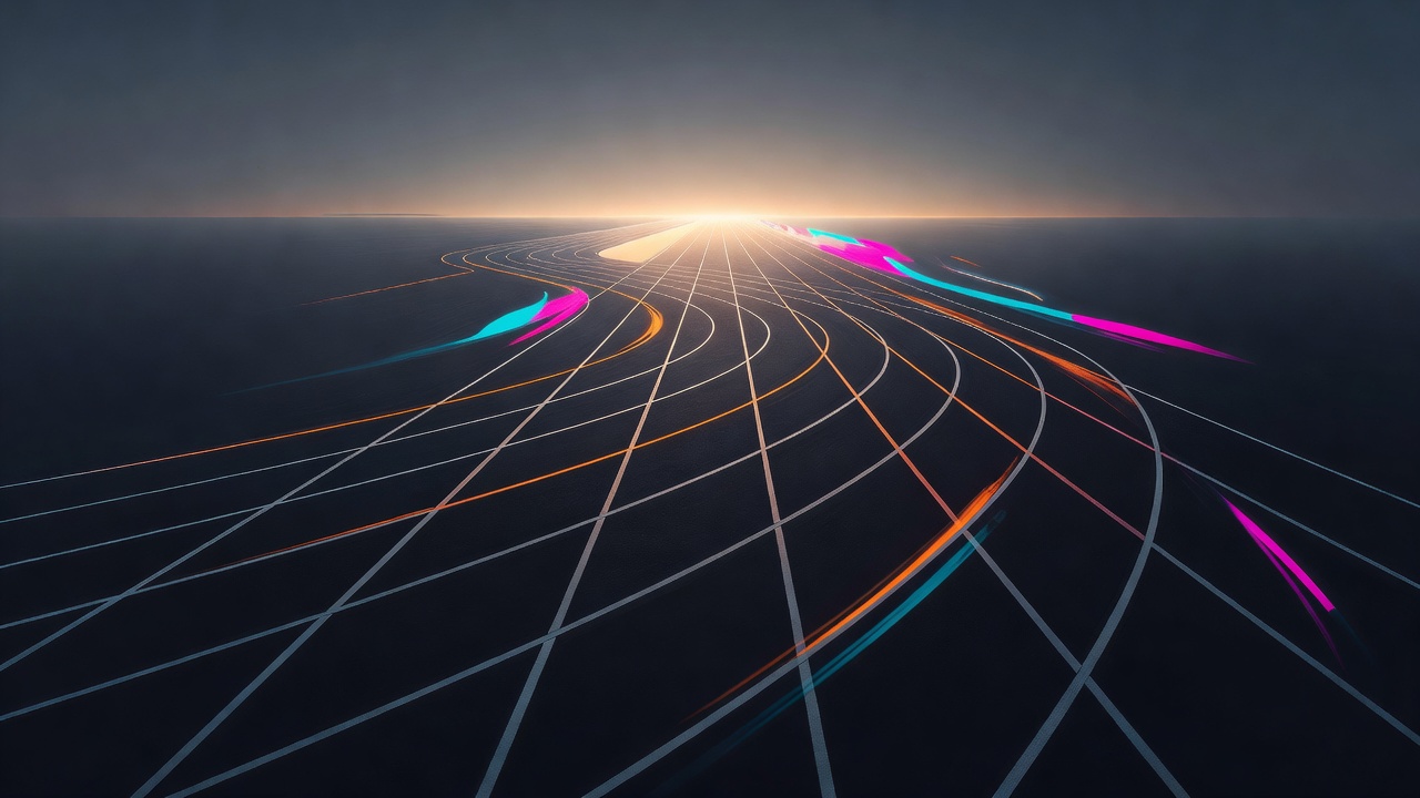 Seis carriles de una pista de atletismo curvándose hacia una meta luminosa al amanecer