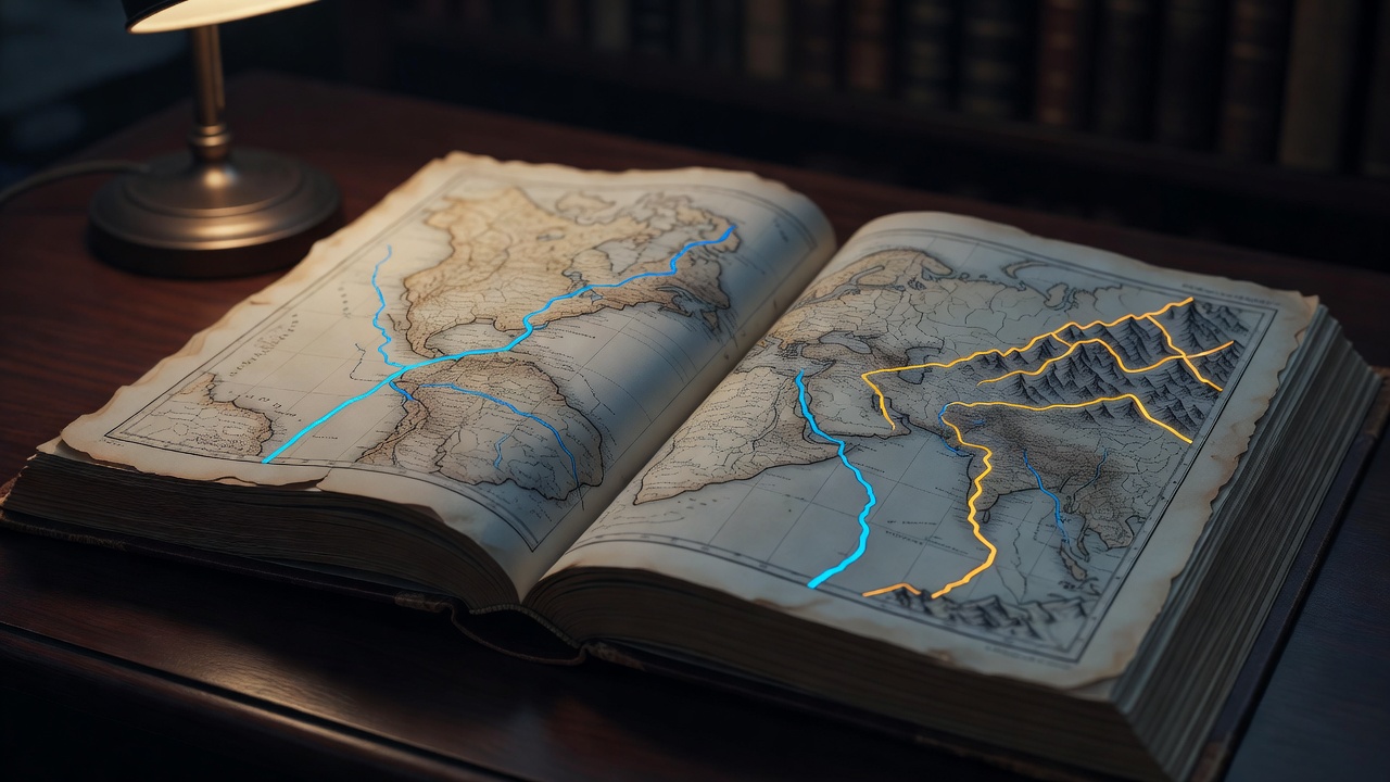 Un atlas antiguo abierto con delicados mapas dibujados a mano bajo la cálida luz de una biblioteca