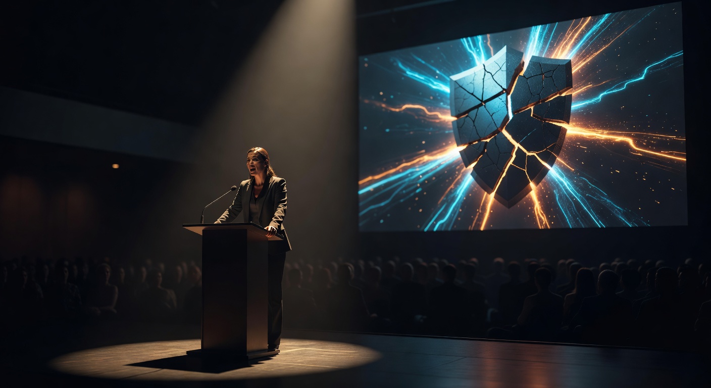 Una figura solitaria de pie en un podio bajo un único foco de luz en un vasto auditorio oscuro
