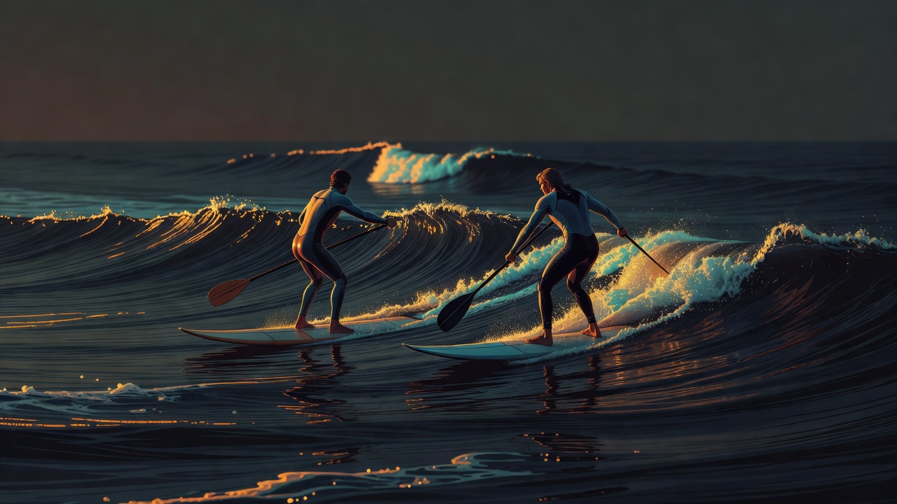 Dos surfistas remando juntos hacia la misma serie de olas al amanecer