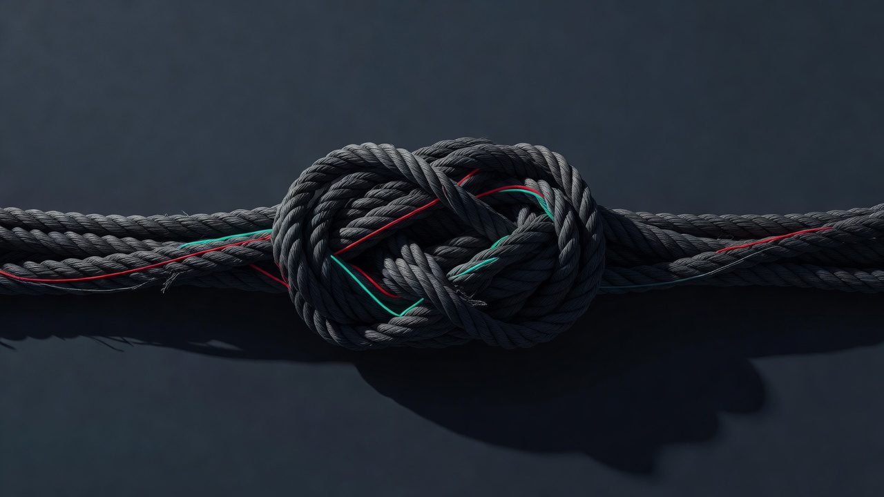 Un solo nudo enredado de cuerda con un hilo de un color distinto que lo atraviesa