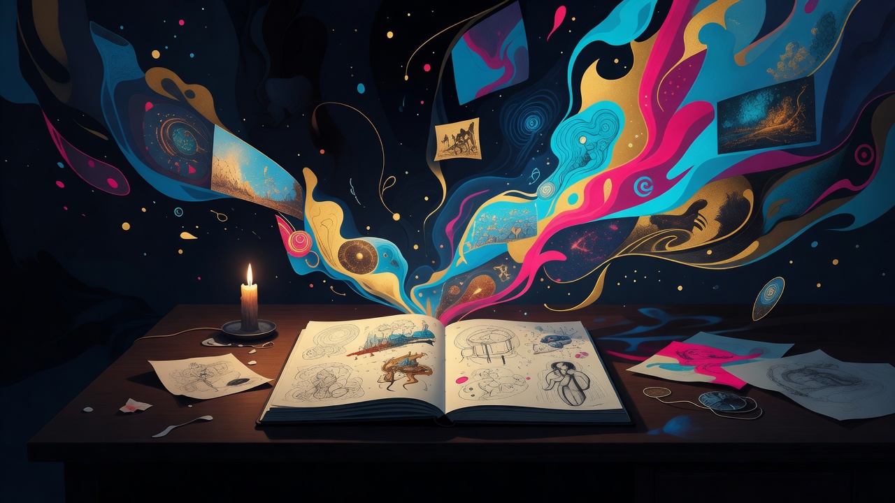 Un escritorio iluminado por una vela con un cuaderno de bocetos abierto de noche