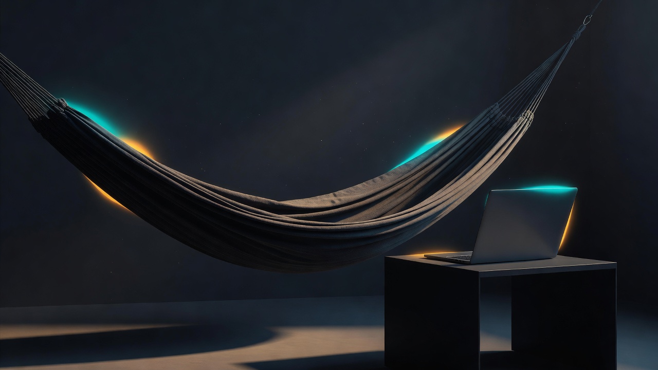 Una hamaca vacía y un portátil cerrado bajo la luz suave de la tarde