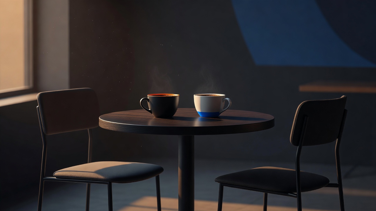 Dos tazas de café sobre una pequeña mesa de cafetería con dos sillas vacías enfrentadas bajo la cálida luz de la tarde