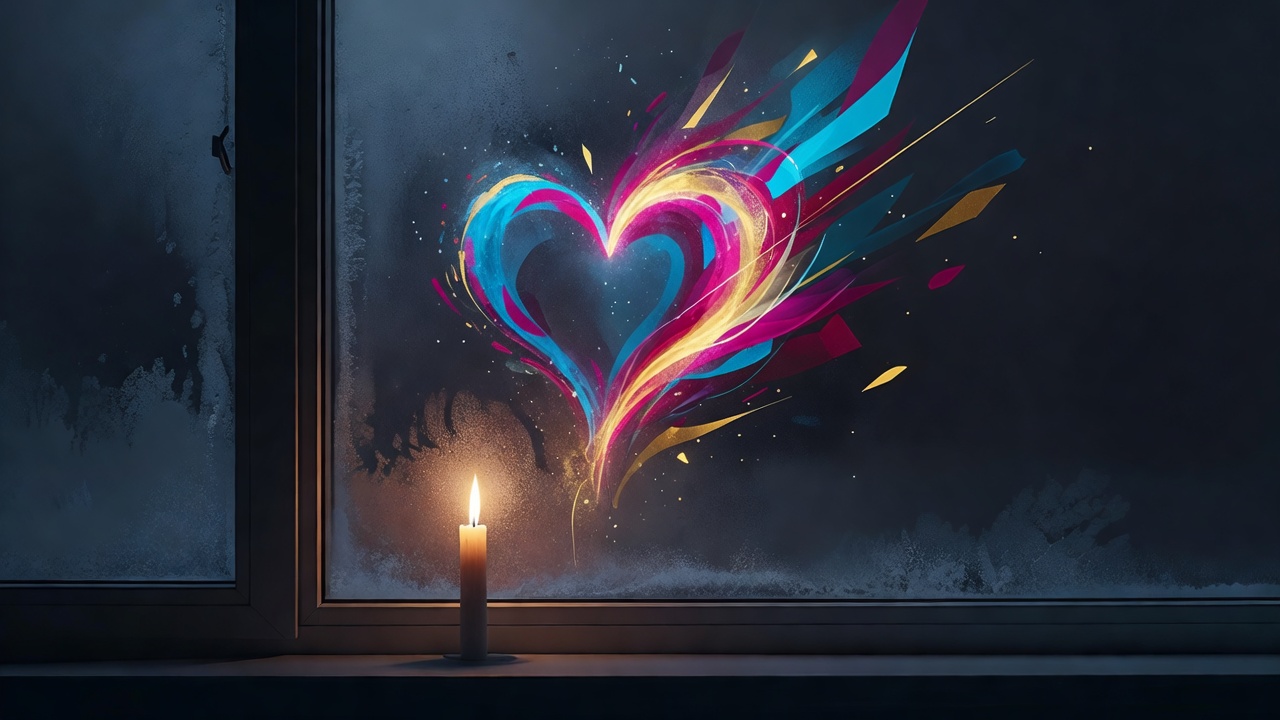 Una única vela encendida en una ventana escarchada de noche