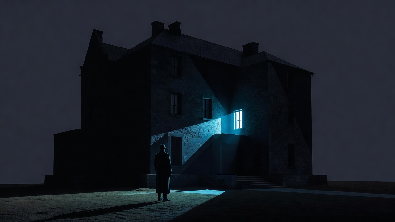 Una pequeña ventana iluminada en una gran mansión oscura de noche