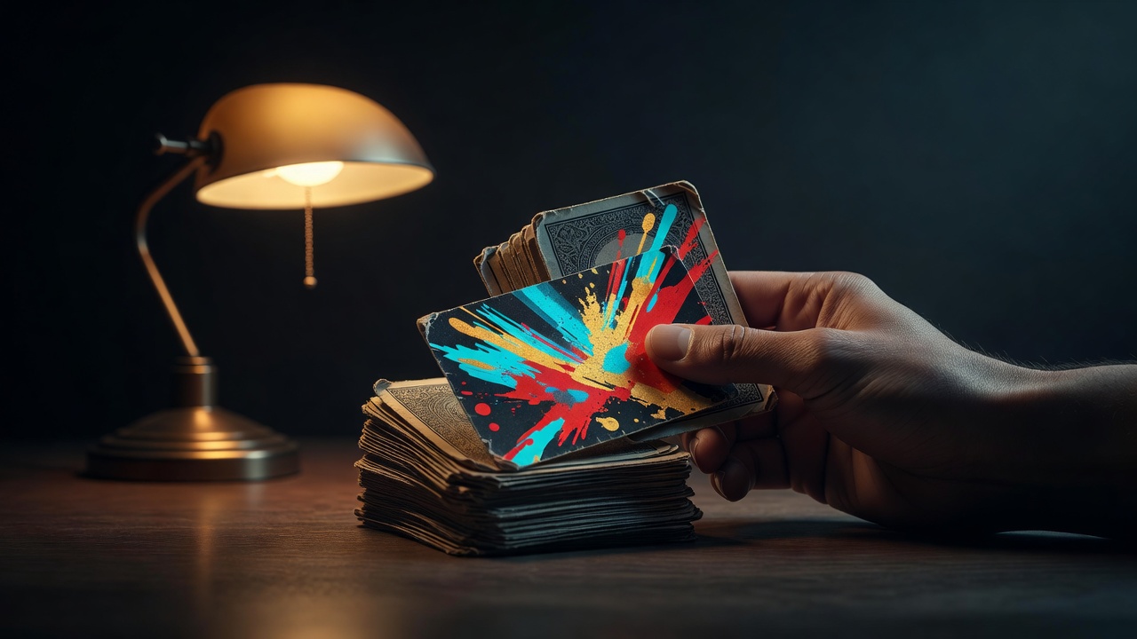 Una baraja de cartas gastada sostenida en una mano firme, con una carta vuelta boca arriba
