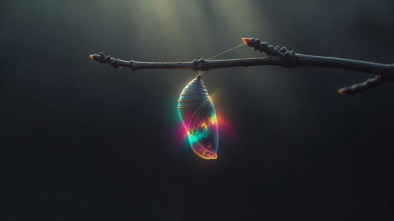 Una crisálida en una rama desnuda iluminada a contraluz por la suave luz de la mañana, con la transformación sugerida
