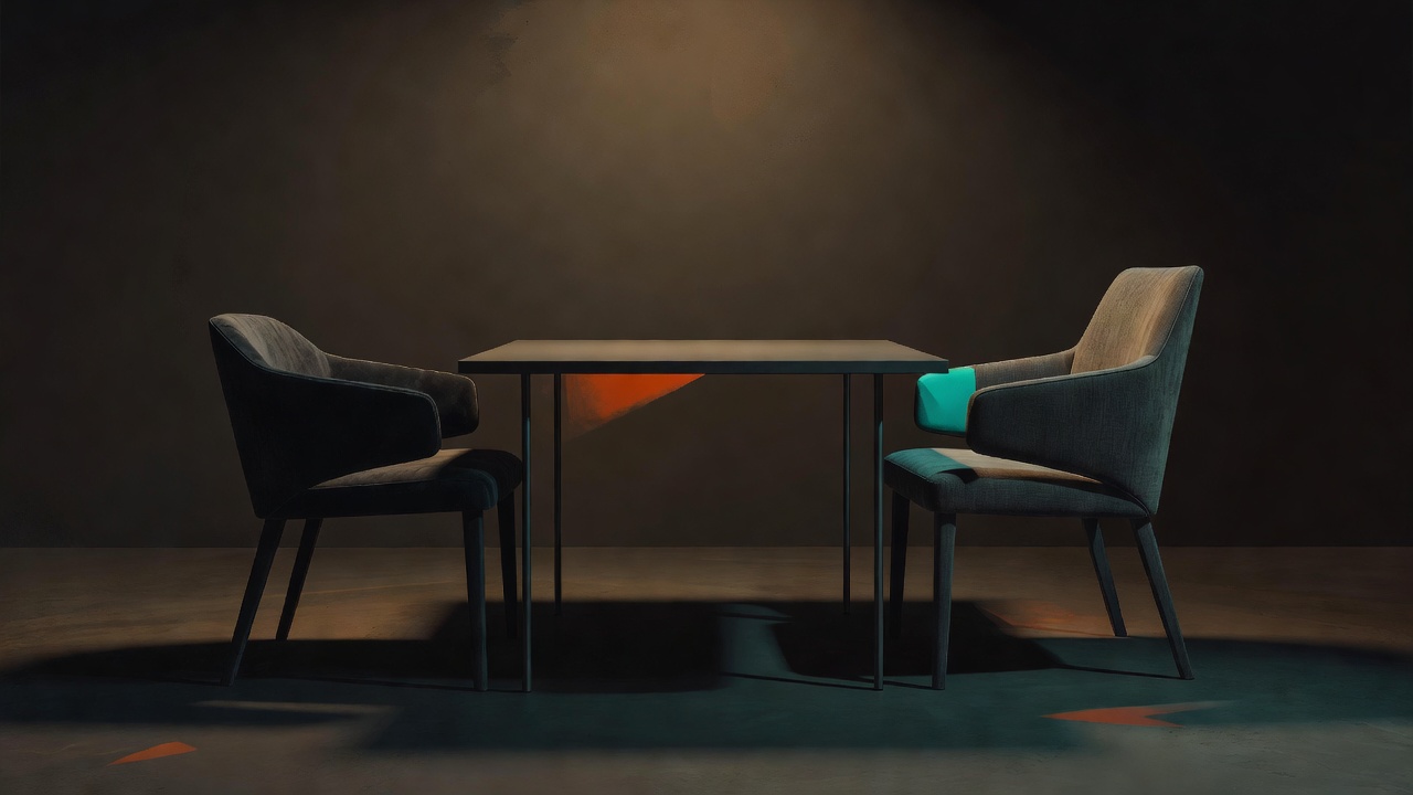 Dos sillas enfrentadas ante una mesa pequeña bajo una luz cálida