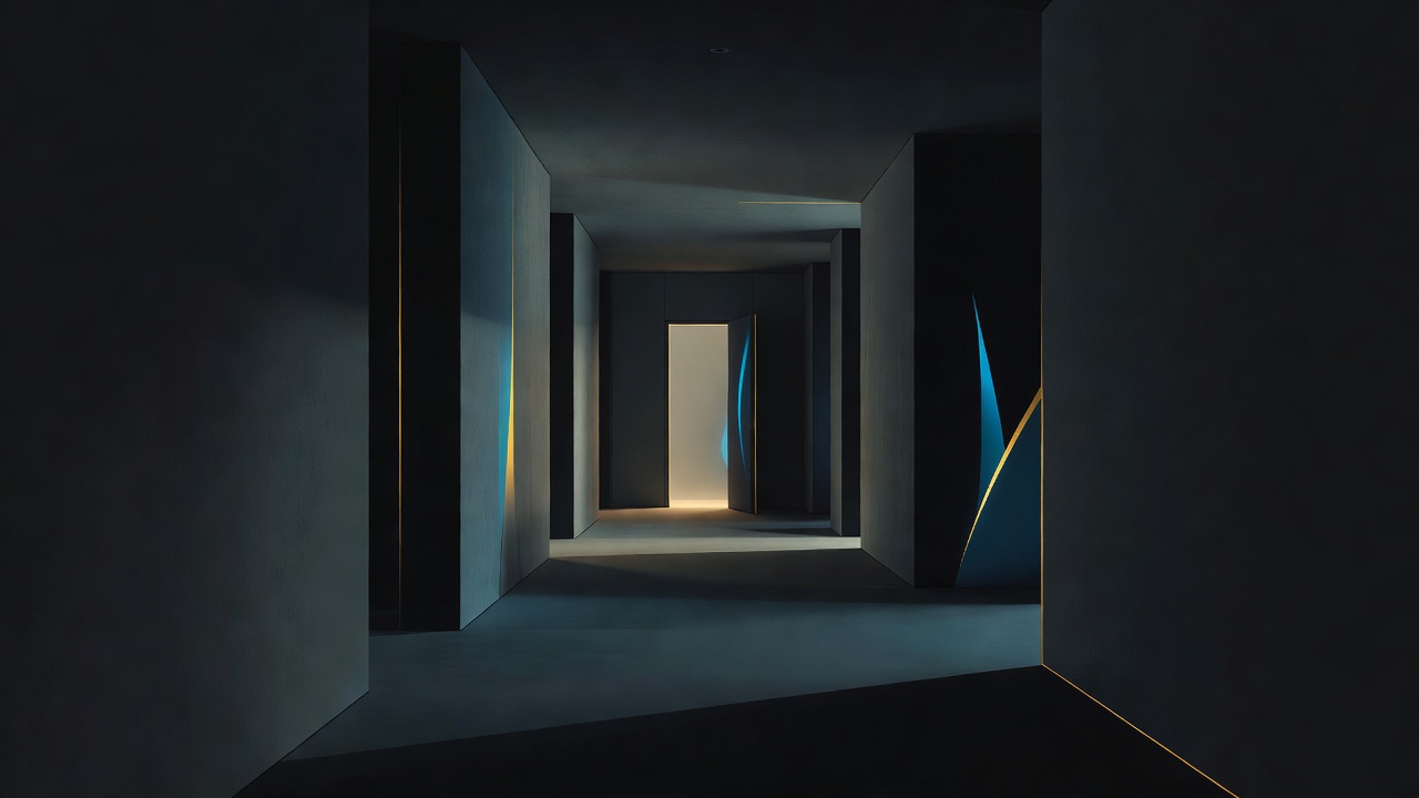 Una única puerta suavemente iluminada al final de un pasillo en penumbra, con luz tenue