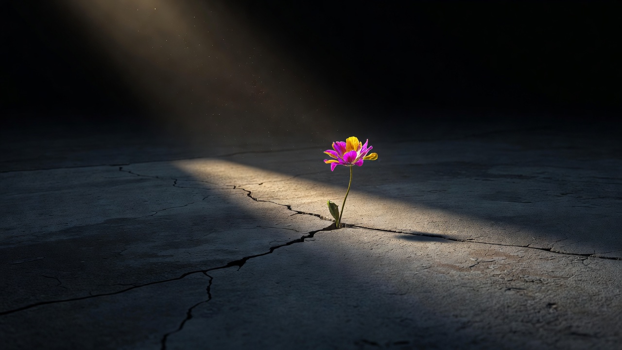 Una sola flor silvestre que crece a través de una grieta en el pavimento gris, atrapando la luz