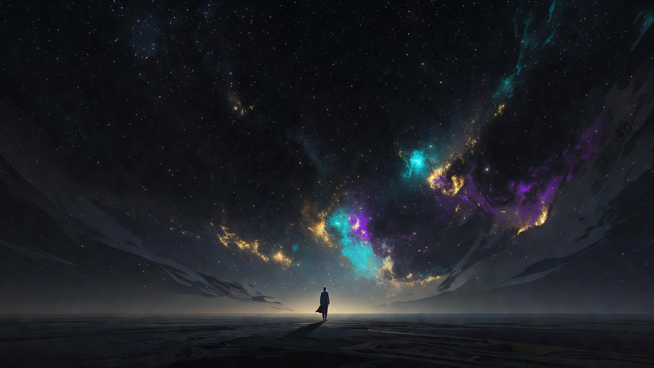 Una figura solitaria, pequeña, bajo un vasto cielo nocturno cuajado de estrellas